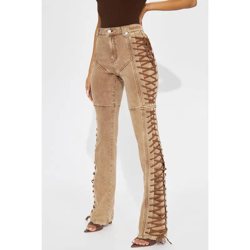 Flation Women's After Hours Lace Up Stretch Flare Pant Khaki | Flation Streetwear