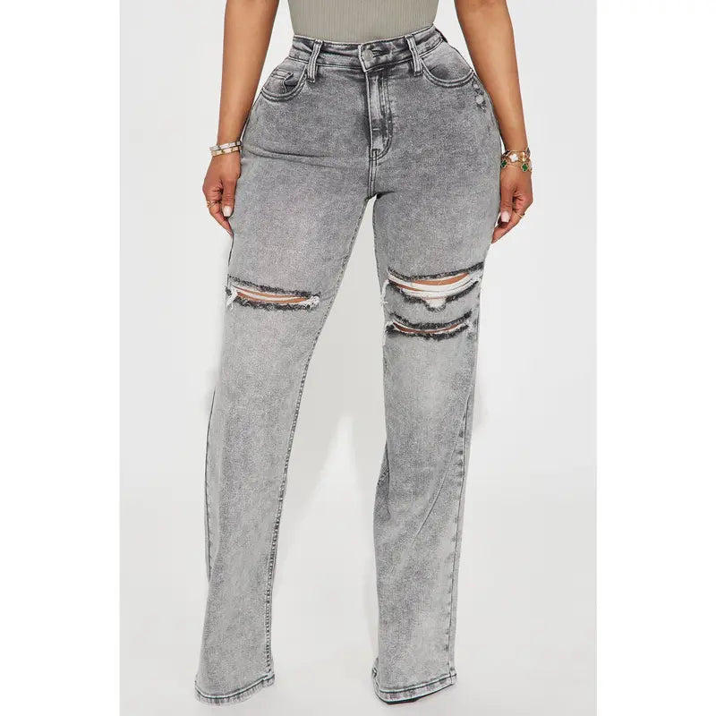 Flation Women's Ripped Stretch Baggy Straight Leg Denim Jeans Grey | Flation Streetwear
