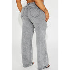 Flation Women's Ripped Stretch Baggy Straight Leg Denim Jeans Grey | Flation Streetwear