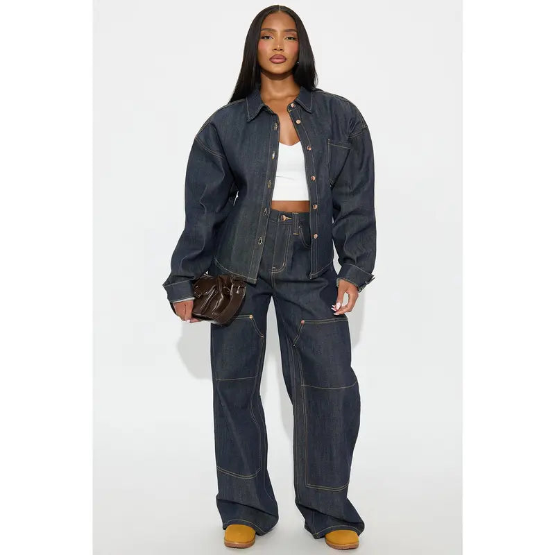 Flation Women's Premium Selvedge Utility Straight Leg Denim Jeans Dark Denim | Flation Streetwear