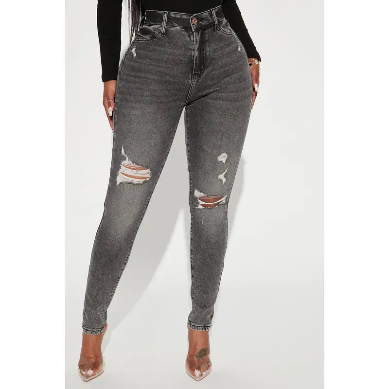 Flation Women's High Rise Stretch Ripped Skinny Denim Jeans Black Wash | Flation Streetwear