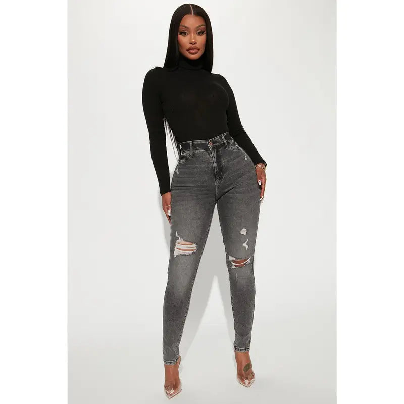 Flation Women's High Rise Stretch Ripped Skinny Denim Jeans Black Wash | Flation Streetwear