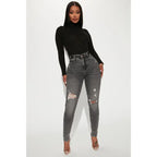 Flation Women's High Rise Stretch Ripped Skinny Denim Jeans Black Wash | Flation Streetwear