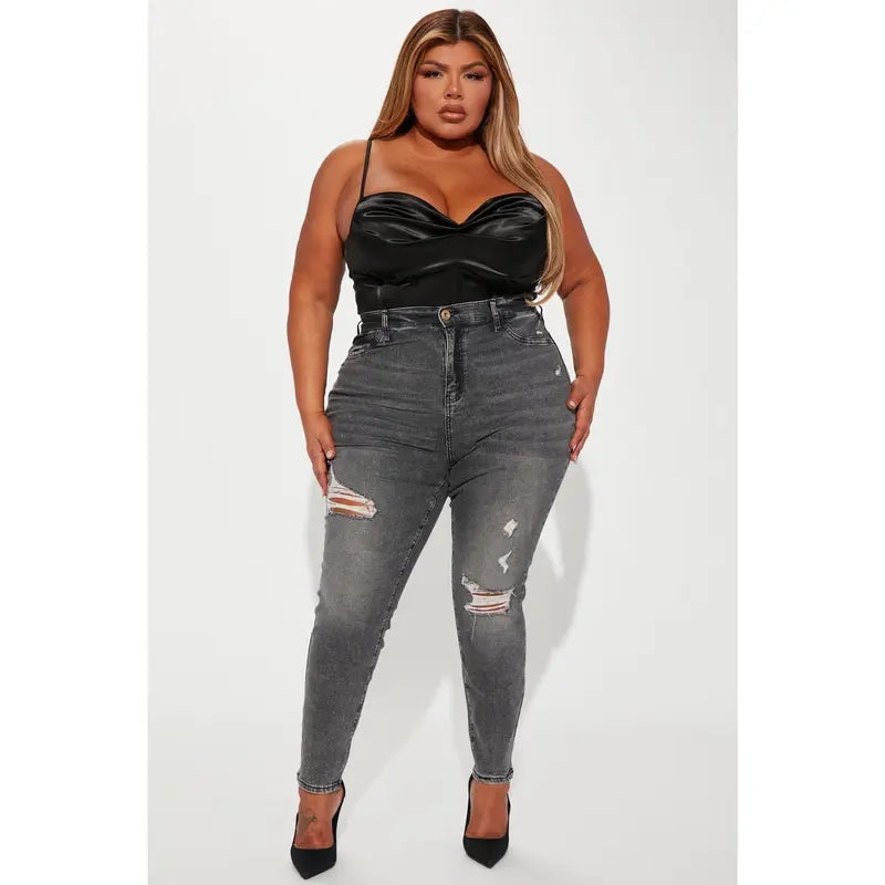 Flation Women's High Rise Stretch Ripped Skinny Denim Jeans Black Wash | Flation Streetwear