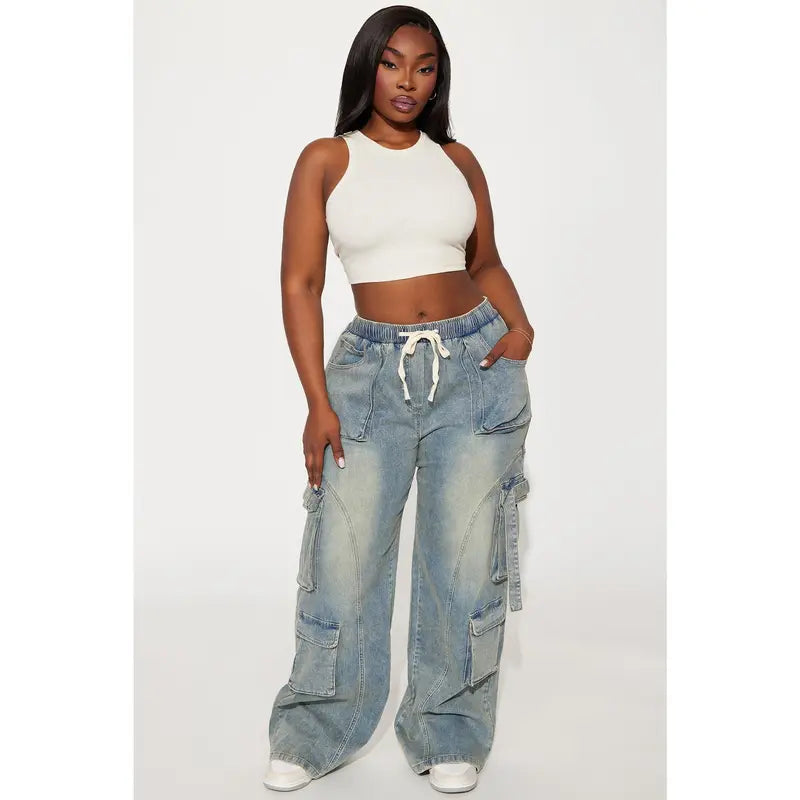 Flation Women's Met My Match Baggy Cargo Jeans Vintage Wash | Flation Streetwear
