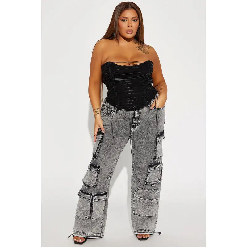 Flation Women's Fairfax High Rise Stretch Cargo Jeans Acid Wash Grey |  | Flation Streetwear