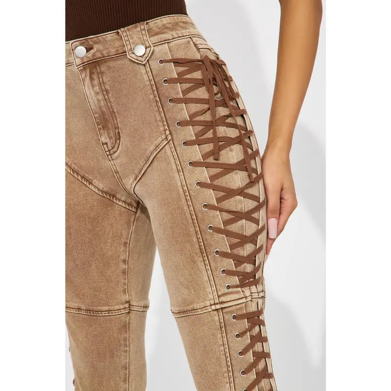 Flation Women's After Hours Lace Up Stretch Flare Pant Khaki | Flation Streetwear