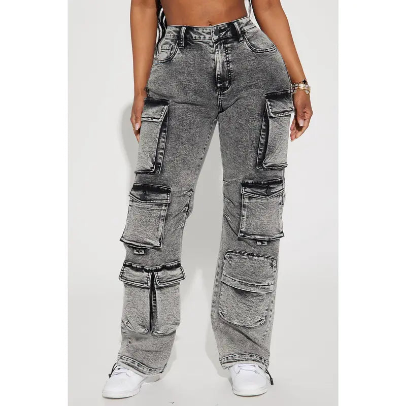 Flation Women's Fairfax High Rise Stretch Cargo Jeans Acid Wash Grey |  | Flation Streetwear