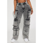 Flation Women's Fairfax High Rise Stretch Cargo Jeans Acid Wash Grey |  | Flation Streetwear
