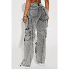 Flation Women's Fairfax High Rise Stretch Cargo Jeans Acid Wash Grey |  | Flation Streetwear