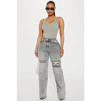 Flation Women's Ripped Stretch Baggy Straight Leg Denim Jeans Grey | Flation Streetwear