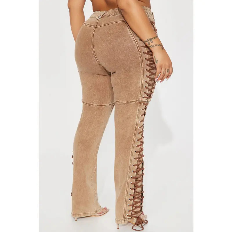 Flation Women's After Hours Lace Up Stretch Flare Pant Khaki | Flation Streetwear