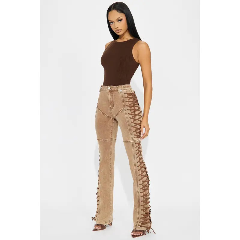 Flation Women's After Hours Lace Up Stretch Flare Pant Khaki | Flation Streetwear