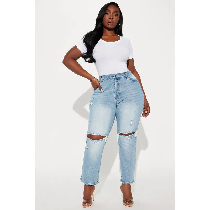 Flation Women's High Rise Ripped Straight Leg Denim Jeans | Flation Streetwear