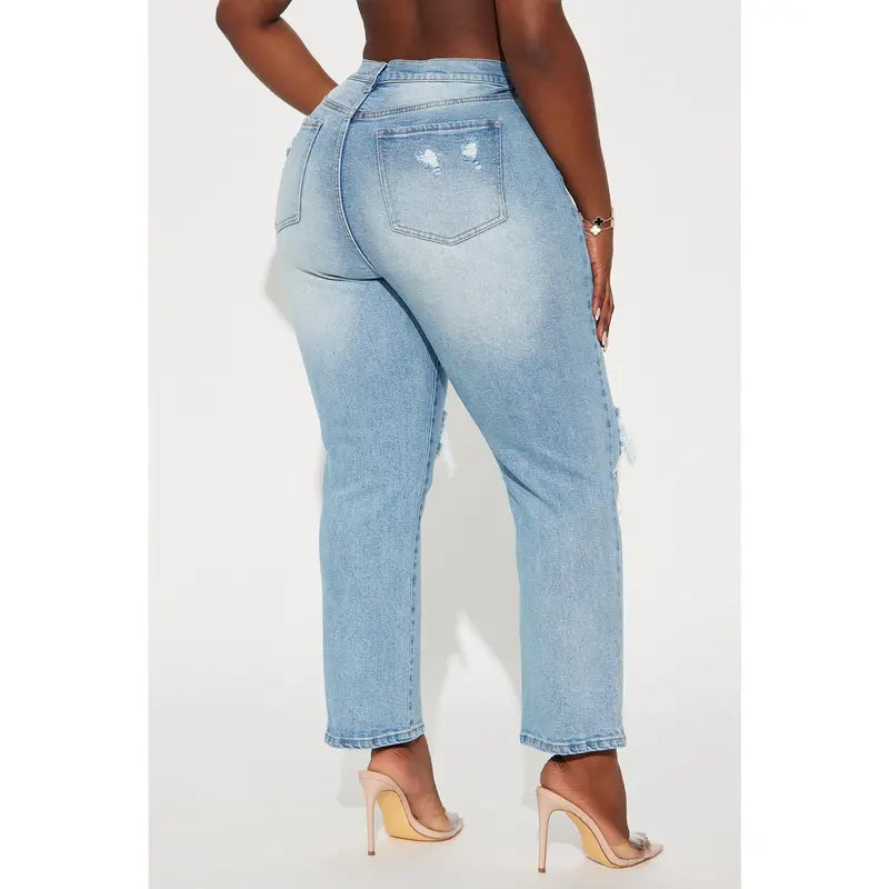 Flation Women's High Rise Ripped Straight Leg Denim Jeans | Flation Streetwear