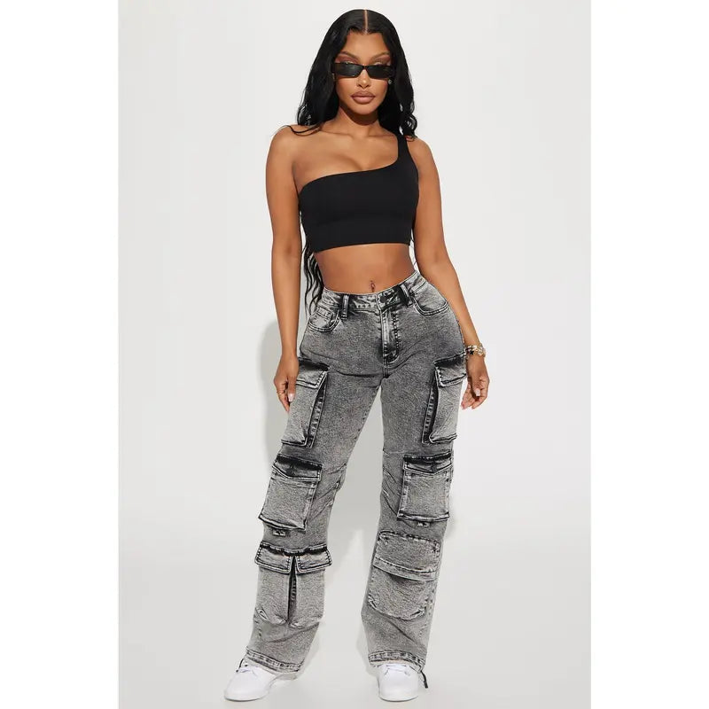 Flation Women's Fairfax High Rise Stretch Cargo Jeans Acid Wash Grey |  | Flation Streetwear