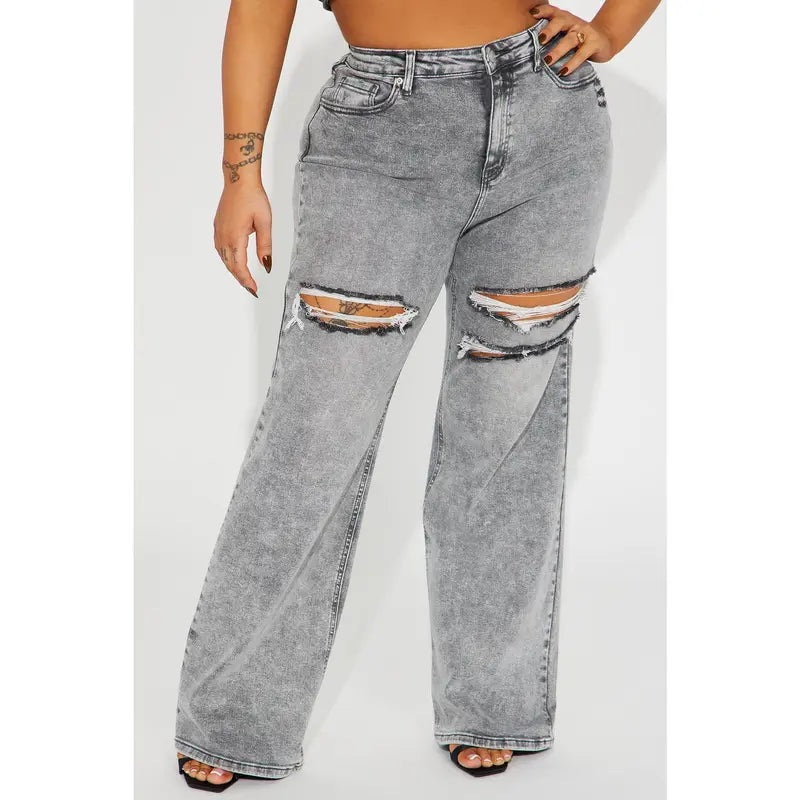 Flation Women's Ripped Stretch Baggy Straight Leg Denim Jeans Grey | Flation Streetwear