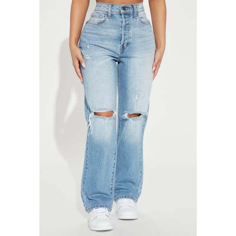 Flation Women's High Rise Ripped Straight Leg Denim Jeans | Flation Streetwear