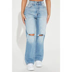 Flation Women's High Rise Ripped Straight Leg Denim Jeans | Flation Streetwear