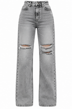 Flation Women's Ripped Stretch Baggy Straight Leg Denim Jeans Grey | Flation Streetwear