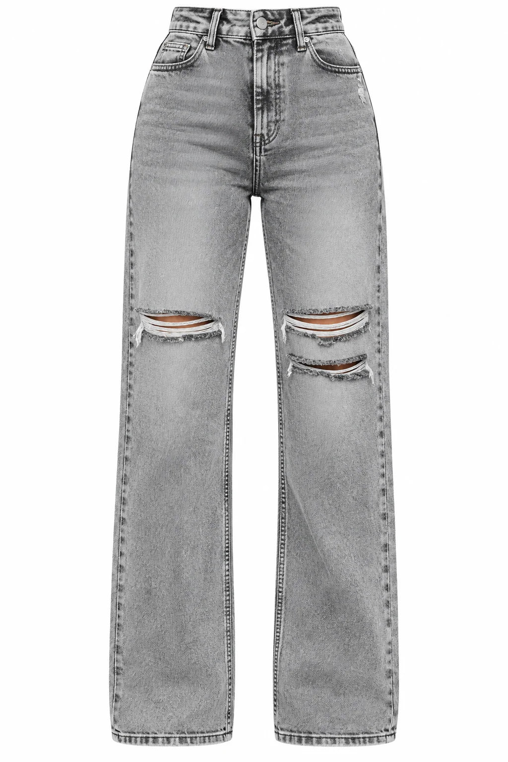 Flation Women's Ripped Stretch Baggy Straight Leg Denim Jeans Grey | Flation Streetwear