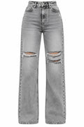 Flation Women's Ripped Stretch Baggy Straight Leg Denim Jeans Grey | Flation Streetwear