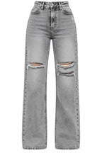 Flation Women's Ripped Stretch Baggy Straight Leg Denim Jeans Grey | Flation Streetwear