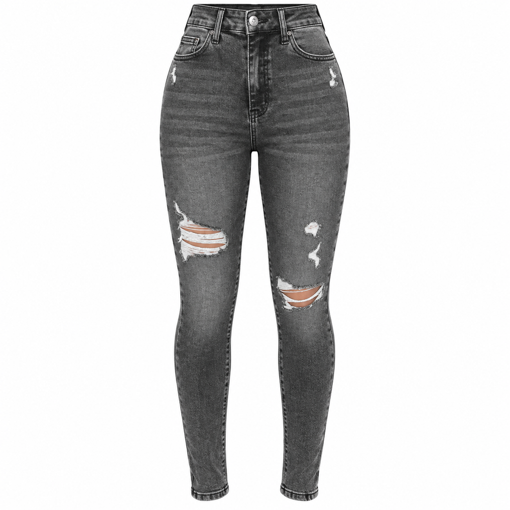 Flation Women's High Rise Stretch Ripped Skinny Denim Jeans Black Wash | Flation Streetwear