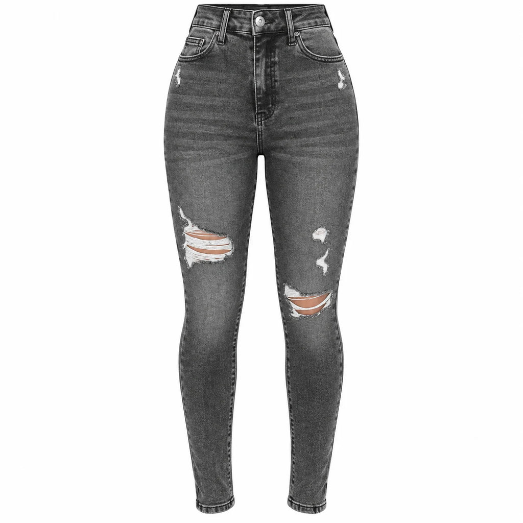 Flation Women's High Rise Stretch Ripped Skinny Denim Jeans Black Wash | Flation Streetwear