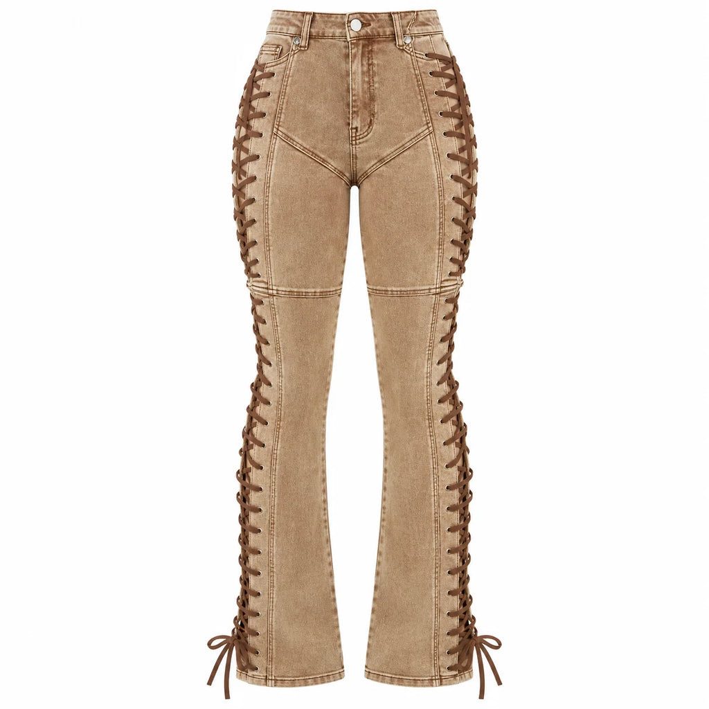 Flation Women's After Hours Lace Up Stretch Flare Pant Khaki | Flation Streetwear