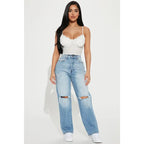 Flation Women's High Rise Ripped Straight Leg Denim Jeans | Flation Streetwear