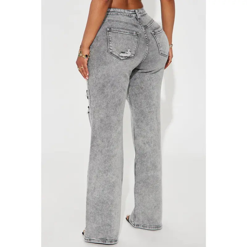 Flation Women's Ripped Stretch Baggy Straight Leg Denim Jeans Grey | Flation Streetwear