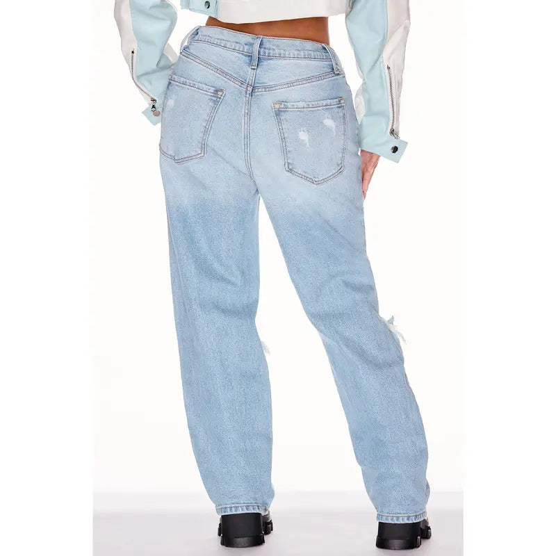 Flation Women's High Rise Ripped Straight Leg Denim Jeans | Flation Streetwear