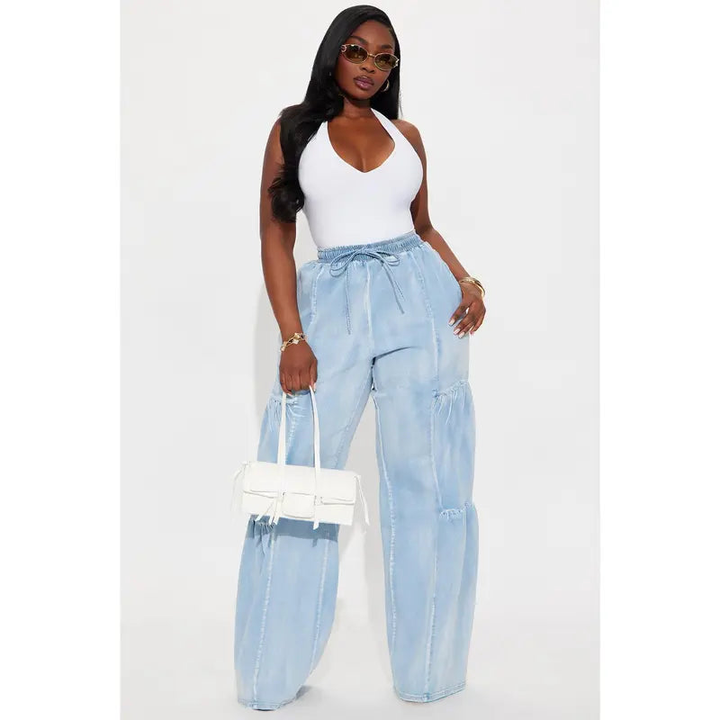 Flation Women's Tall High Rise Stretch Wide Leg Denim Jeans Light Wash | Flation Streetwear