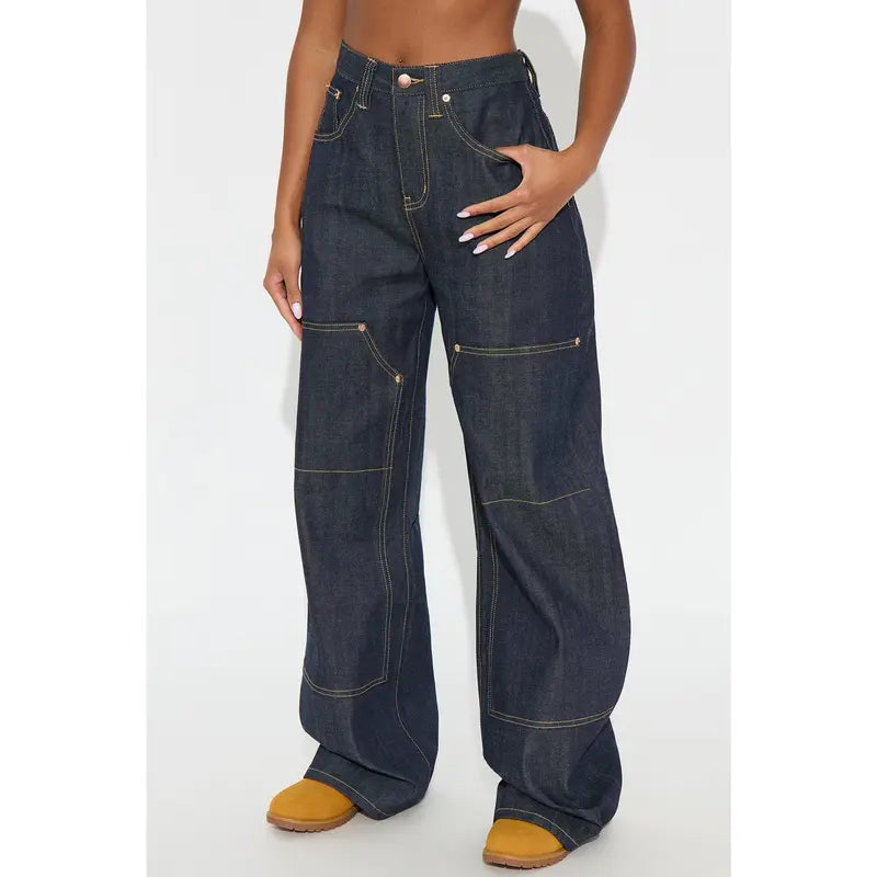 Flation Women's Premium Selvedge Utility Straight Leg Denim Jeans Dark Denim | Flation Streetwear