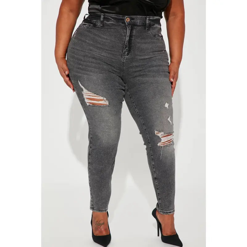 Flation Women's High Rise Stretch Ripped Skinny Denim Jeans Black Wash | Flation Streetwear