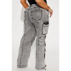 Flation Women's Fairfax High Rise Stretch Cargo Jeans Acid Wash Grey |  | Flation Streetwear