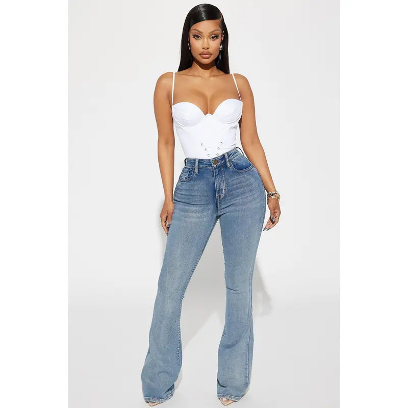 Flation Women's Gemma Sculpting Stretch Flare Denim Jeans Vintage Wash | Flation Streetwear