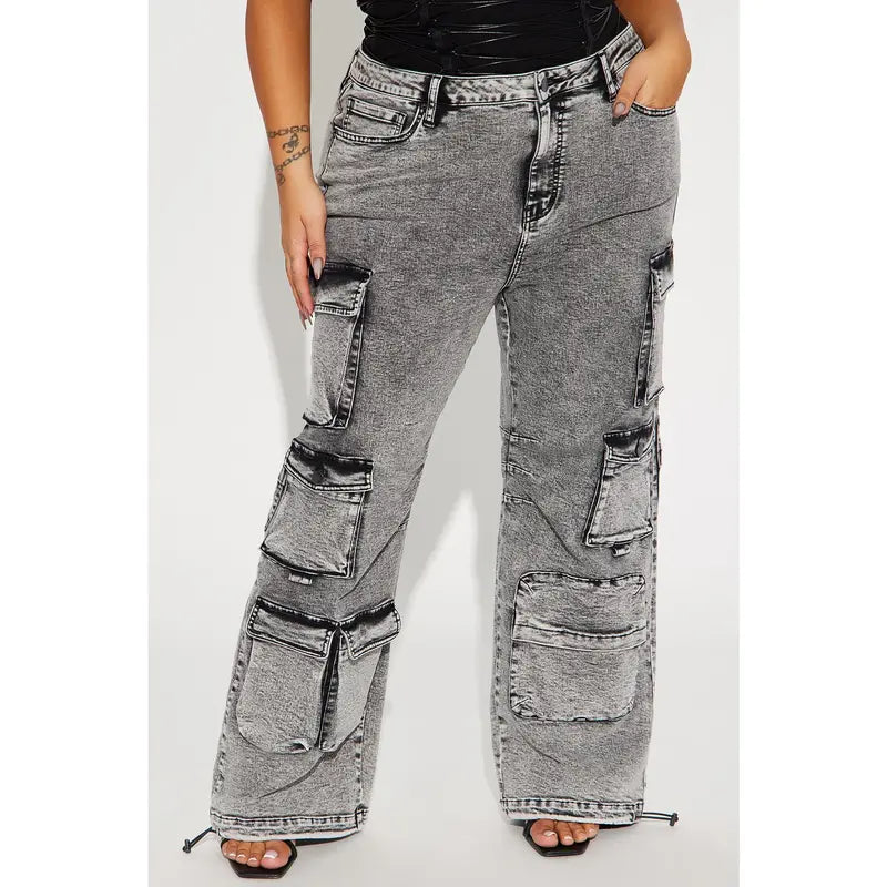 Flation Women's Fairfax High Rise Stretch Cargo Jeans Acid Wash Grey |  | Flation Streetwear