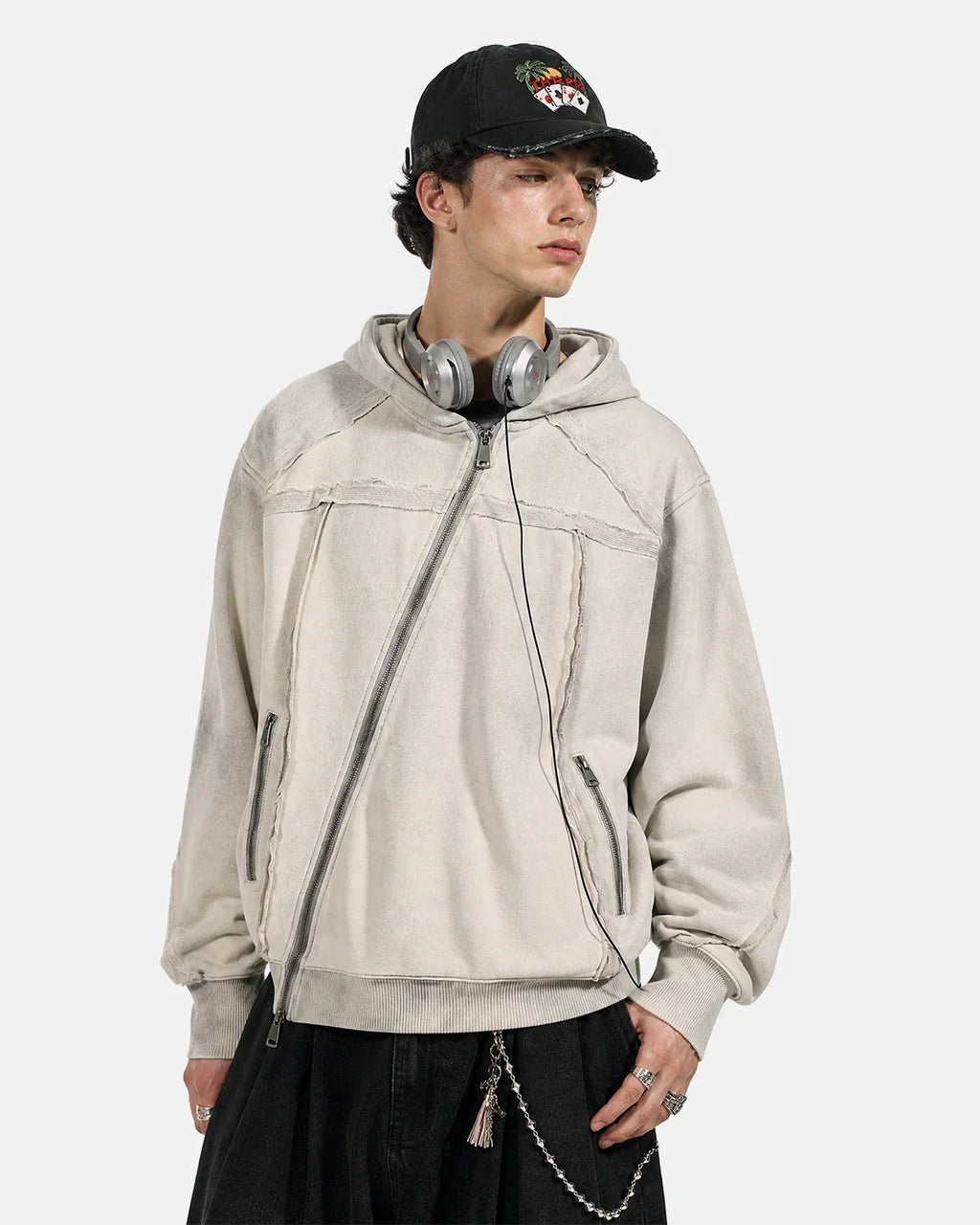 Washed Boxy Asymmetric Zip Up Hoodie | Flation Streetwear