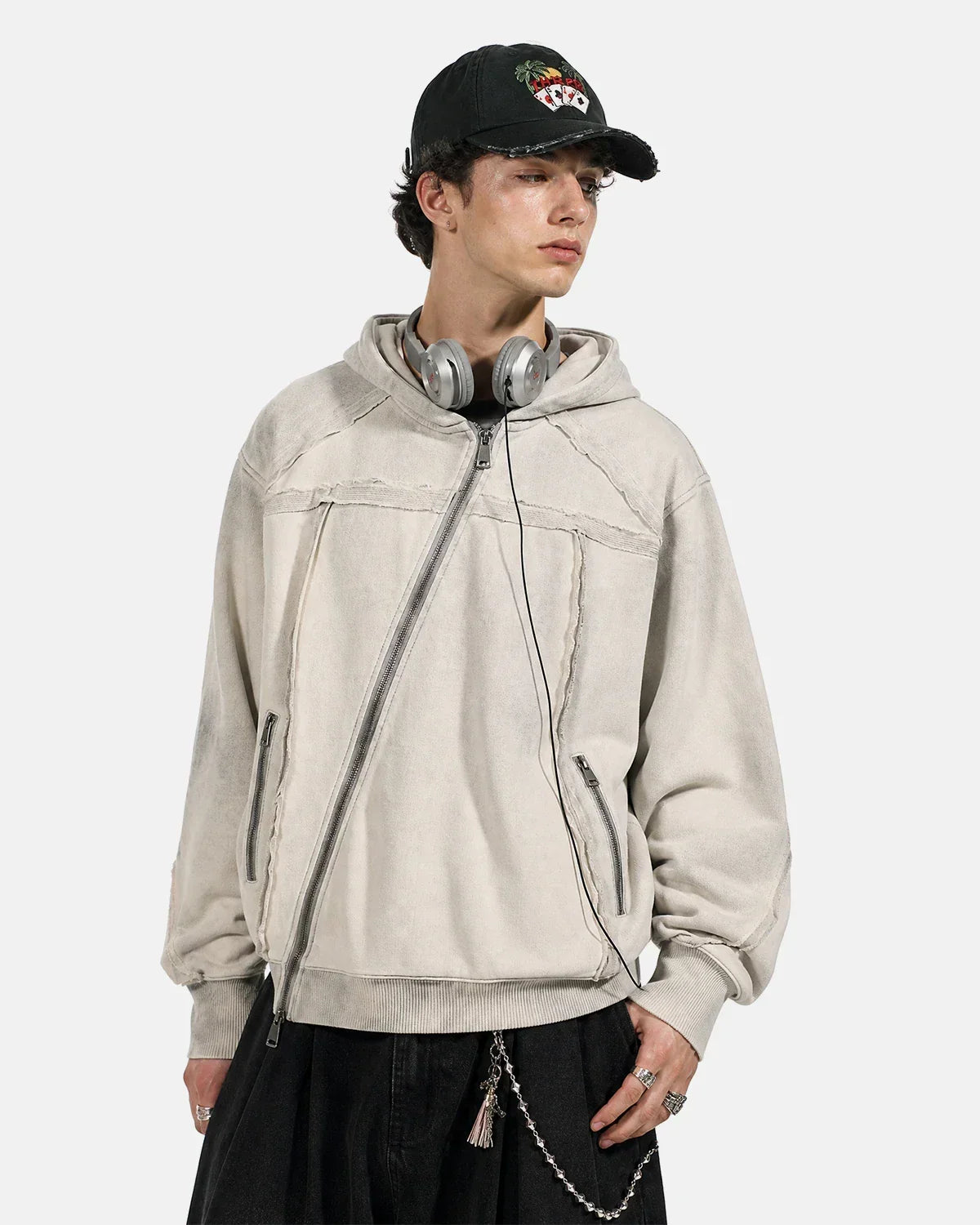 Washed Boxy Asymmetric Zip Up Hoodie | Flation Streetwear
