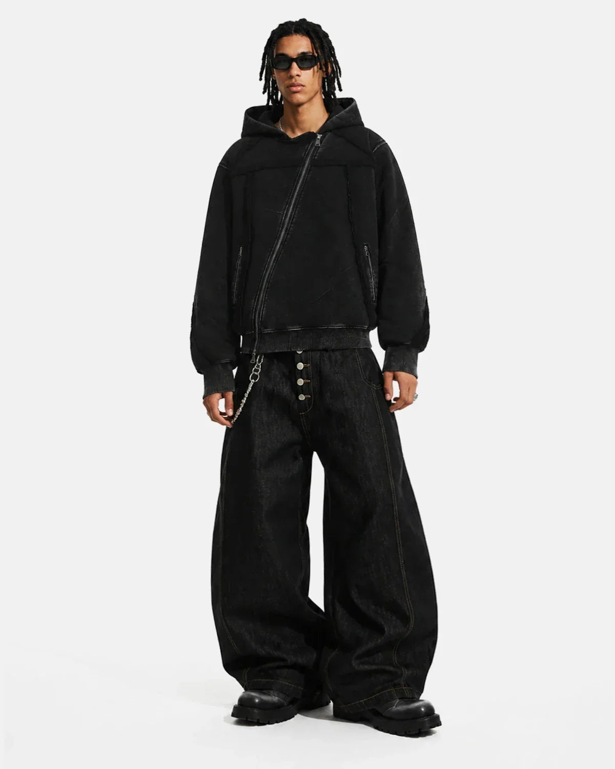 Washed Boxy Asymmetric Zip Up Hoodie | Flation Streetwear