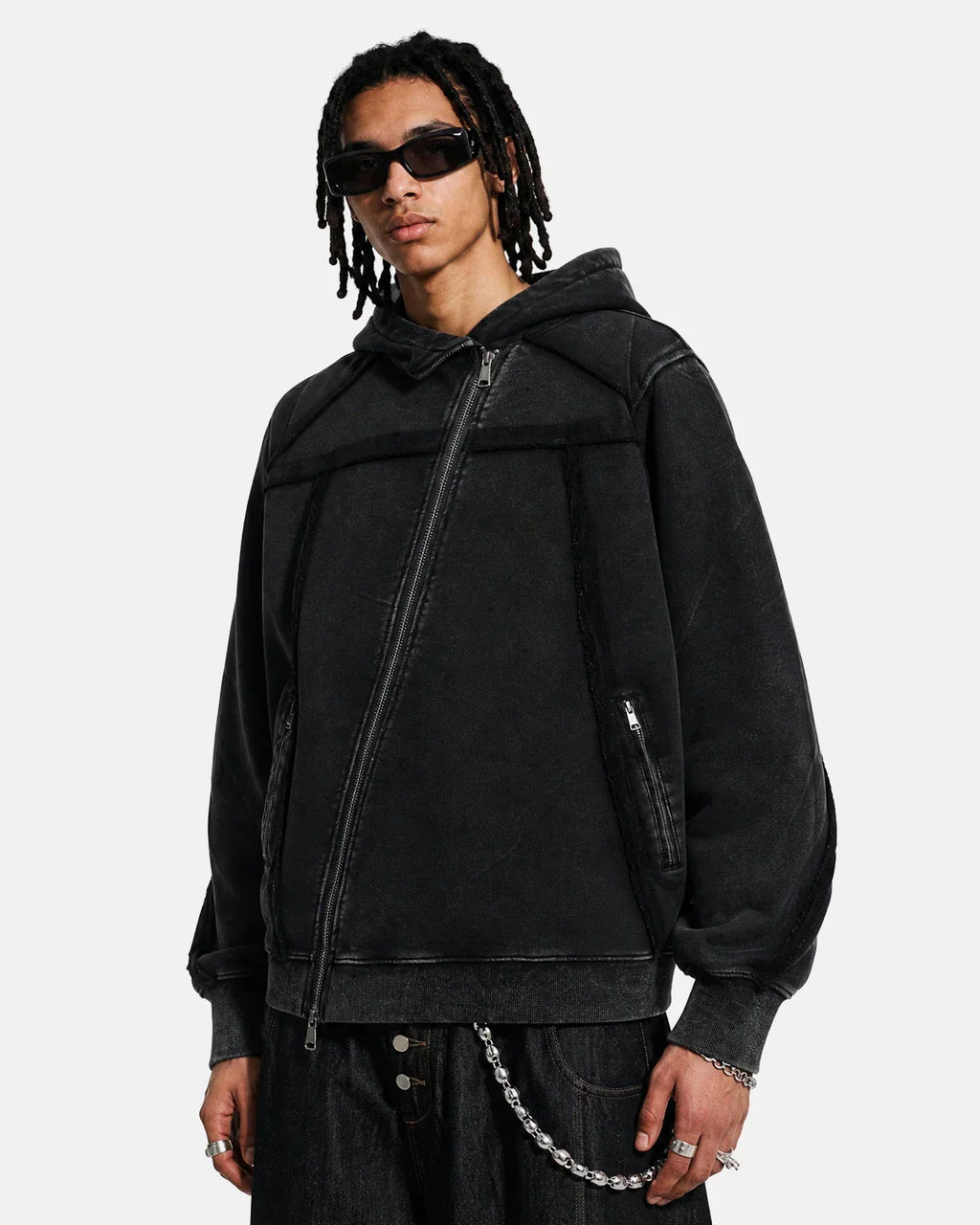 Washed Boxy Asymmetric Zip Up Hoodie | Flation Streetwear