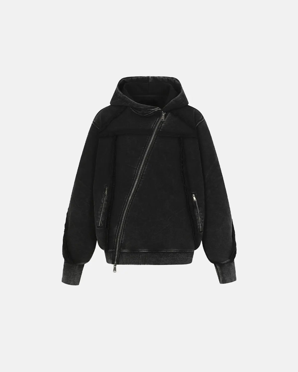 Washed Boxy Asymmetric Zip Up Hoodie | Flation Streetwear
