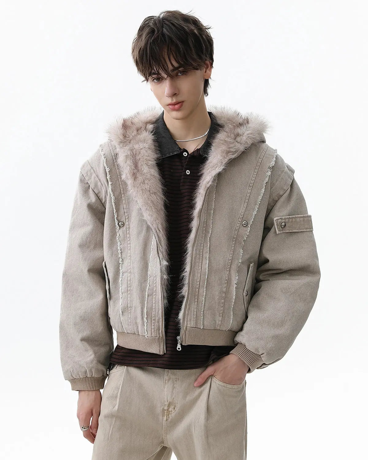 Faux Fur Lined Washed Hooded Jacket | Flation Streetwear