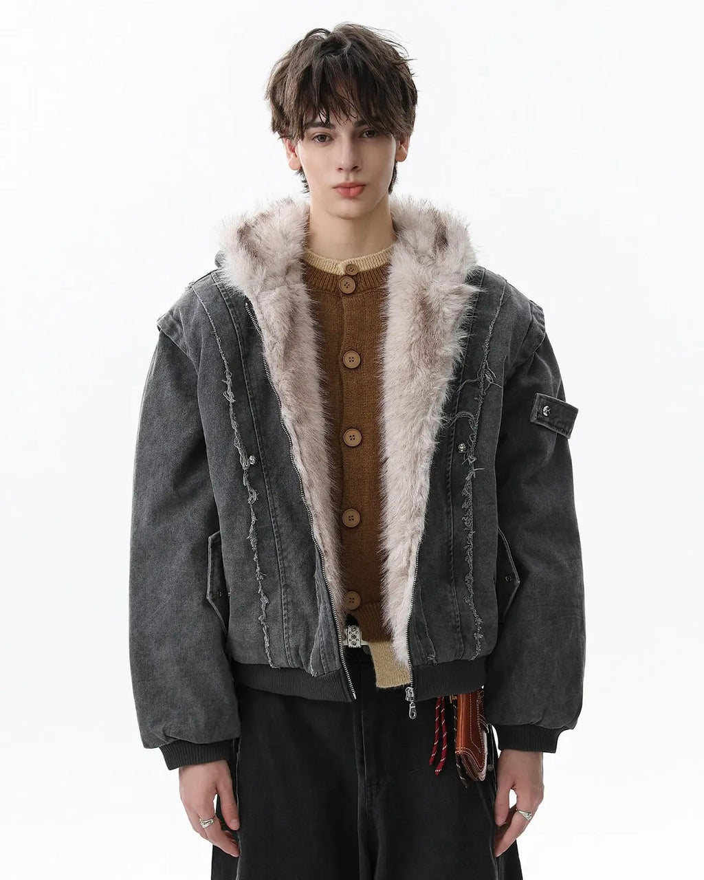 Faux Fur Lined Washed Hooded Jacket | Flation Streetwear