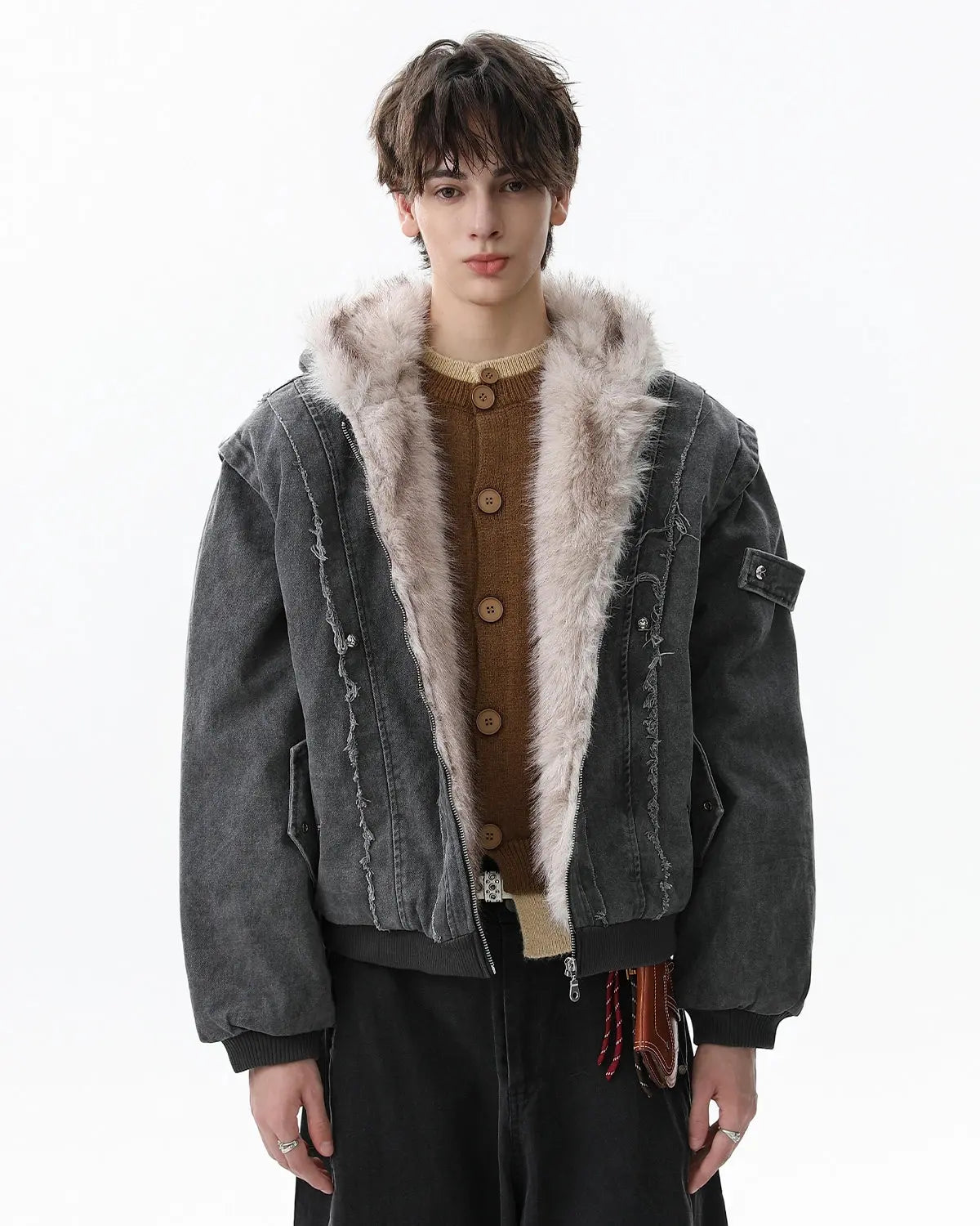 Faux Fur Lined Washed Hooded Jacket | Flation Streetwear