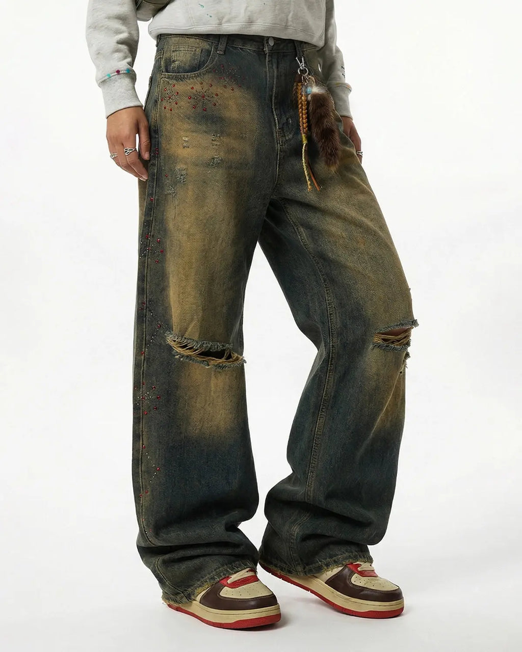 Dirty Wash Rhinestone Baggy Jeans | Flation Streetwear