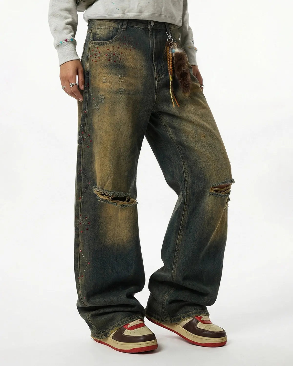 Dirty Wash Rhinestone Baggy Jeans | Flation Streetwear