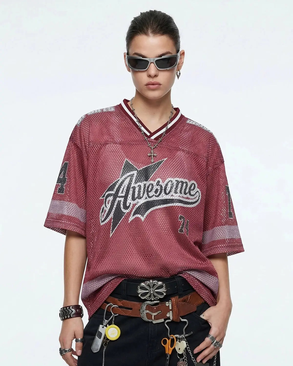 V-neck Graphic Mesh Jersey | Flation Streetwear